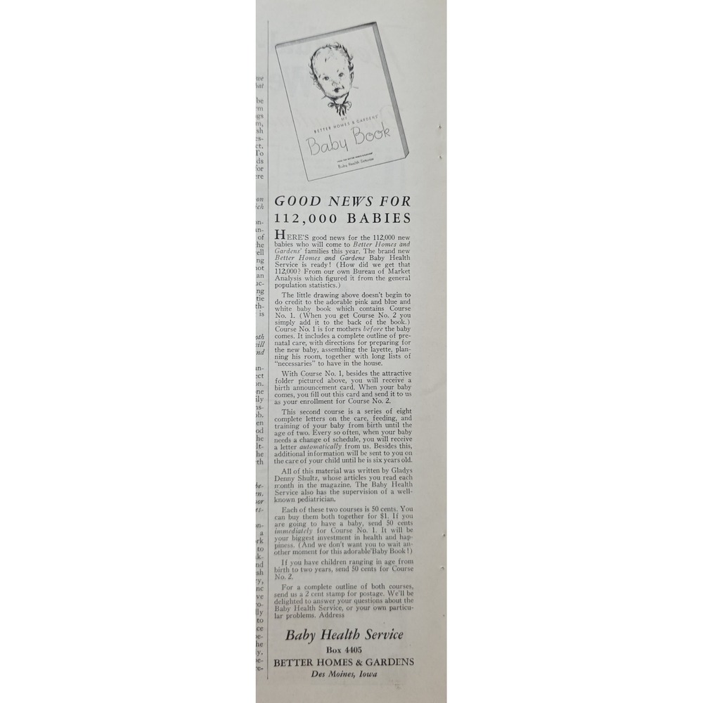 Better Homes & Gardens Baby Book Health Service Course 1 & 2 Vintage Ad